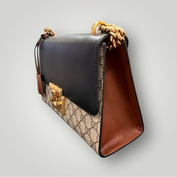 GUCCI 
GG Supreme Monogram Calfskin Padlock Shoulder Bag Beige Black - Picture 3 of 11